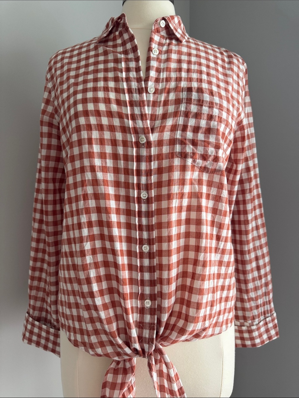 J. Crew Gingham Button Down Tie Front Shirt - Rust/White, Size 10